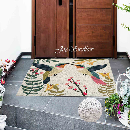 JoySwallow Hummingbird Doormat, PVC Coil Entrance Door Mat, Cute Bird Anti-Skid Outdoor Mat, Elegant Entrance Rug, Floral Entryway Rug for Porch Courtyard