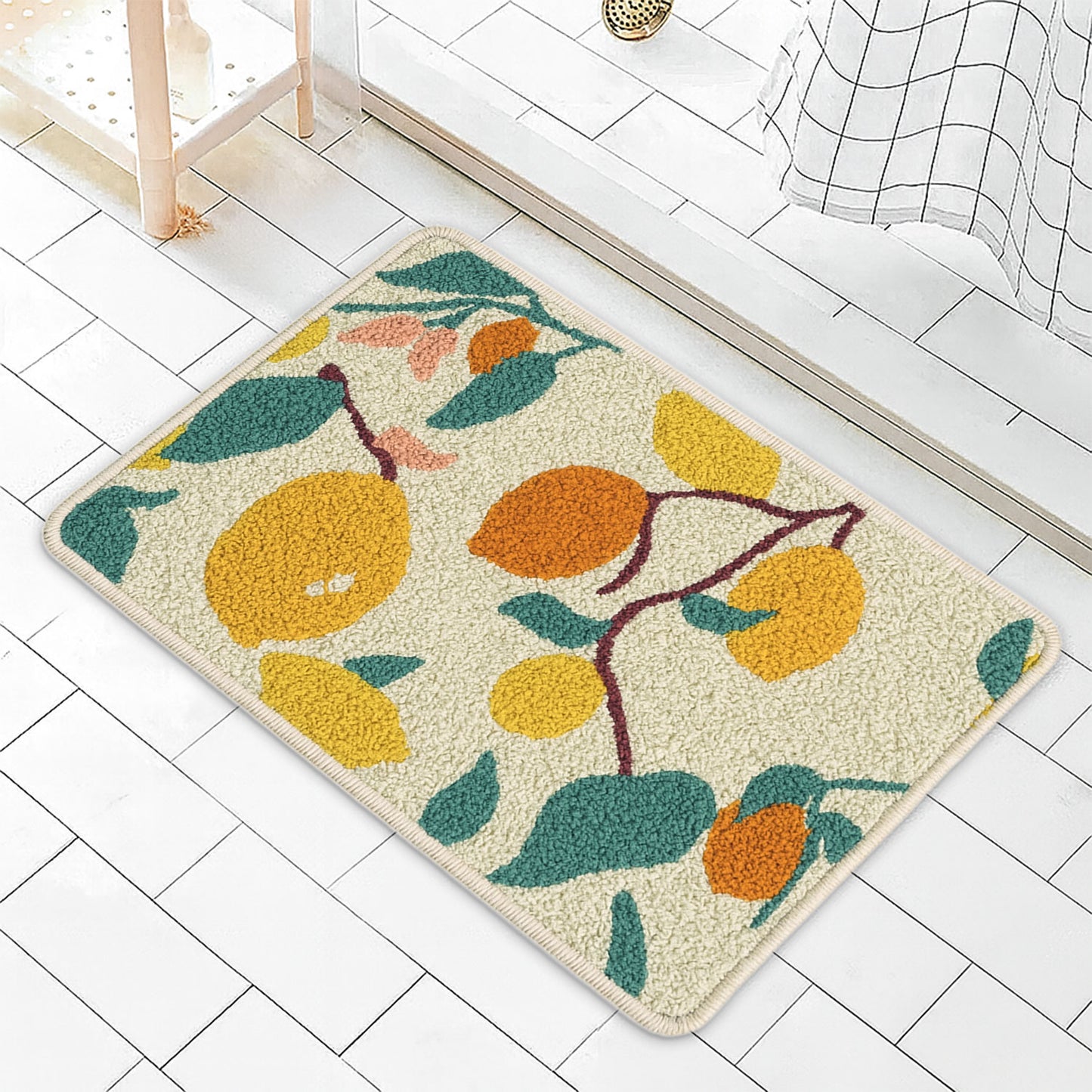 JoySwallow Lemon Tree Tufted Bathmat, Floral Bathroom Rug, Flower Area Rug, Floral Bedroom Rugs