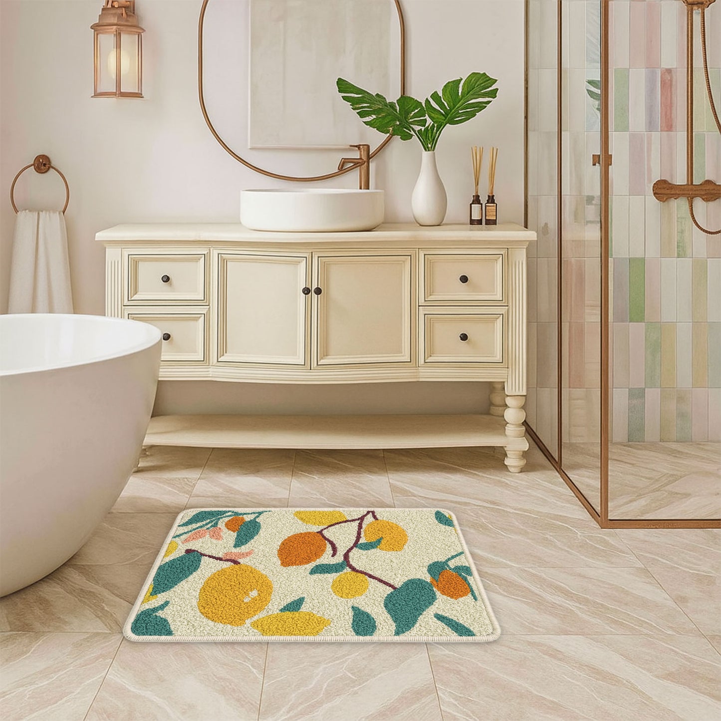 JoySwallow Lemon Tree Tufted Bathmat, Floral Bathroom Rug, Flower Area Rug, Floral Bedroom Rugs