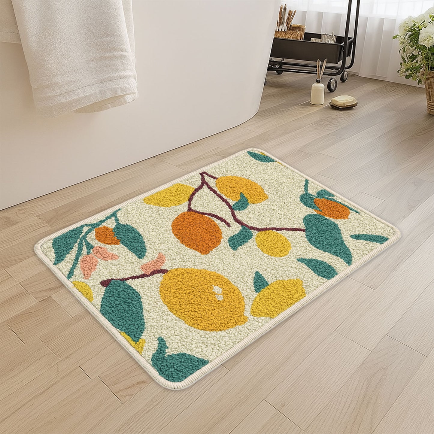 JoySwallow Lemon Tree Tufted Bathmat, Floral Bathroom Rug, Flower Area Rug, Floral Bedroom Rugs