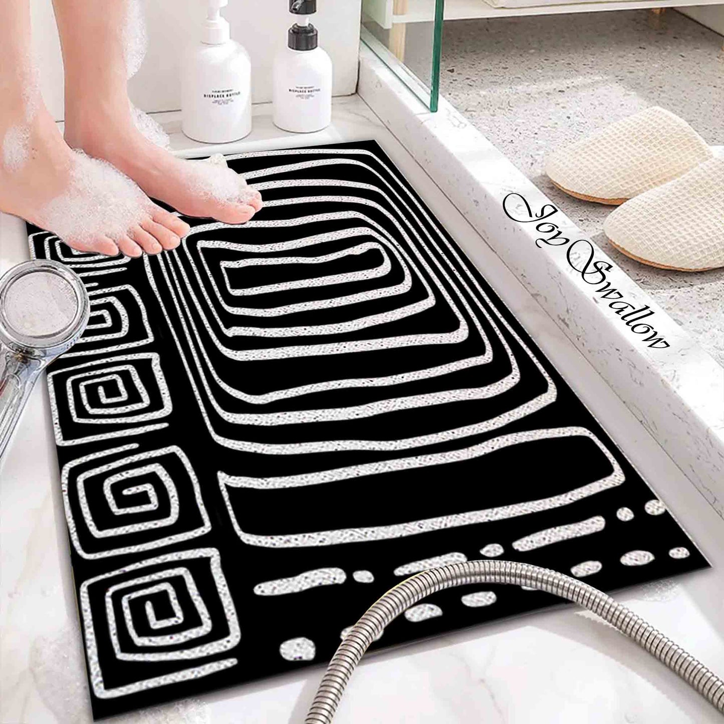 JoySwallow Personalized Bathtub Mat, Black White Abstract Line Art Bathtub Mat, PVC Coil Shower Mat, Anti Skid PVC Coil Bathmat, Geometrical Permeable Bathmat, Drainable Rug