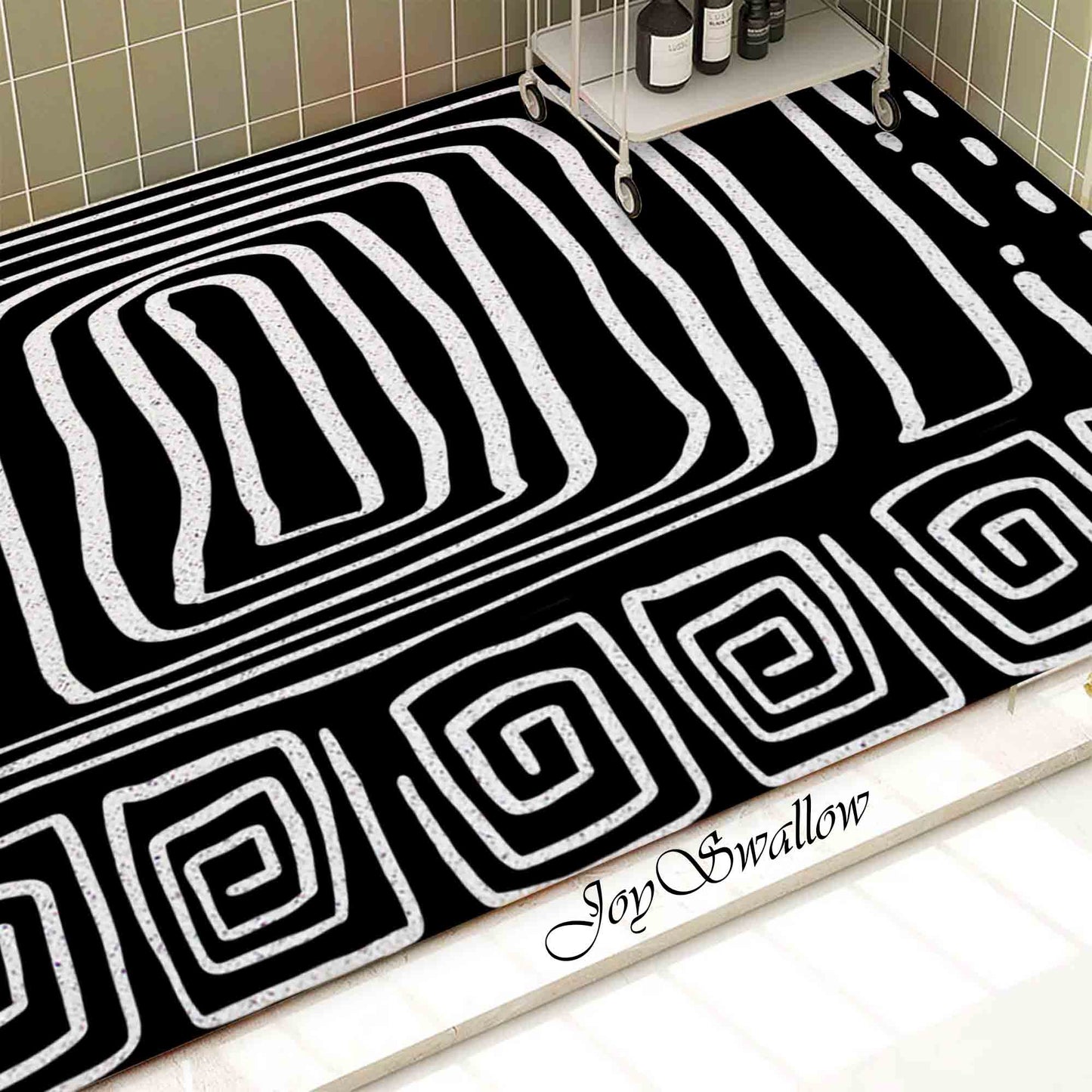 JoySwallow Personalized Bathtub Mat, Black White Abstract Line Art Bathtub Mat, PVC Coil Shower Mat, Anti Skid PVC Coil Bathmat, Geometrical Permeable Bathmat, Drainable Rug