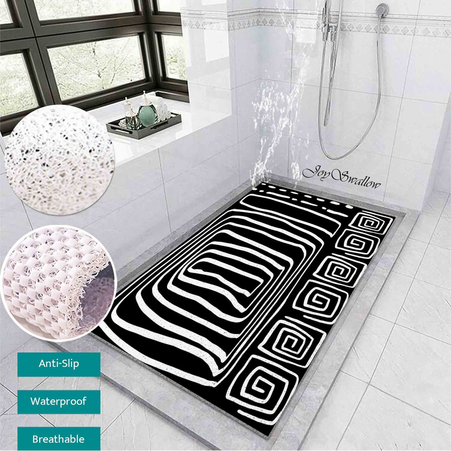 JoySwallow Personalized Bathtub Mat, Black White Abstract Line Art Bathtub Mat, PVC Coil Shower Mat, Anti Skid PVC Coil Bathmat, Geometrical Permeable Bathmat, Drainable Rug