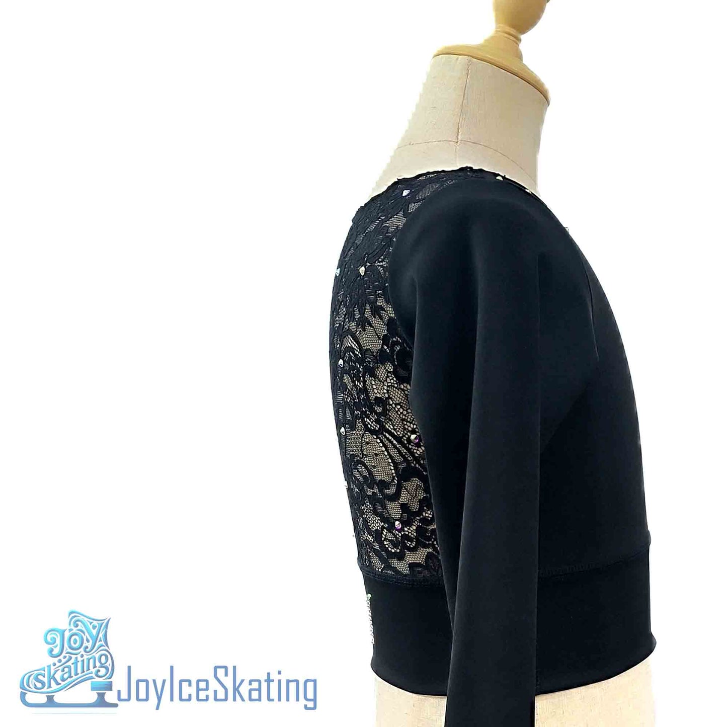 Custom Figure Skating Crop Top – Long Sleeve Lace Back with AB Rhinestones & Personalized Initials