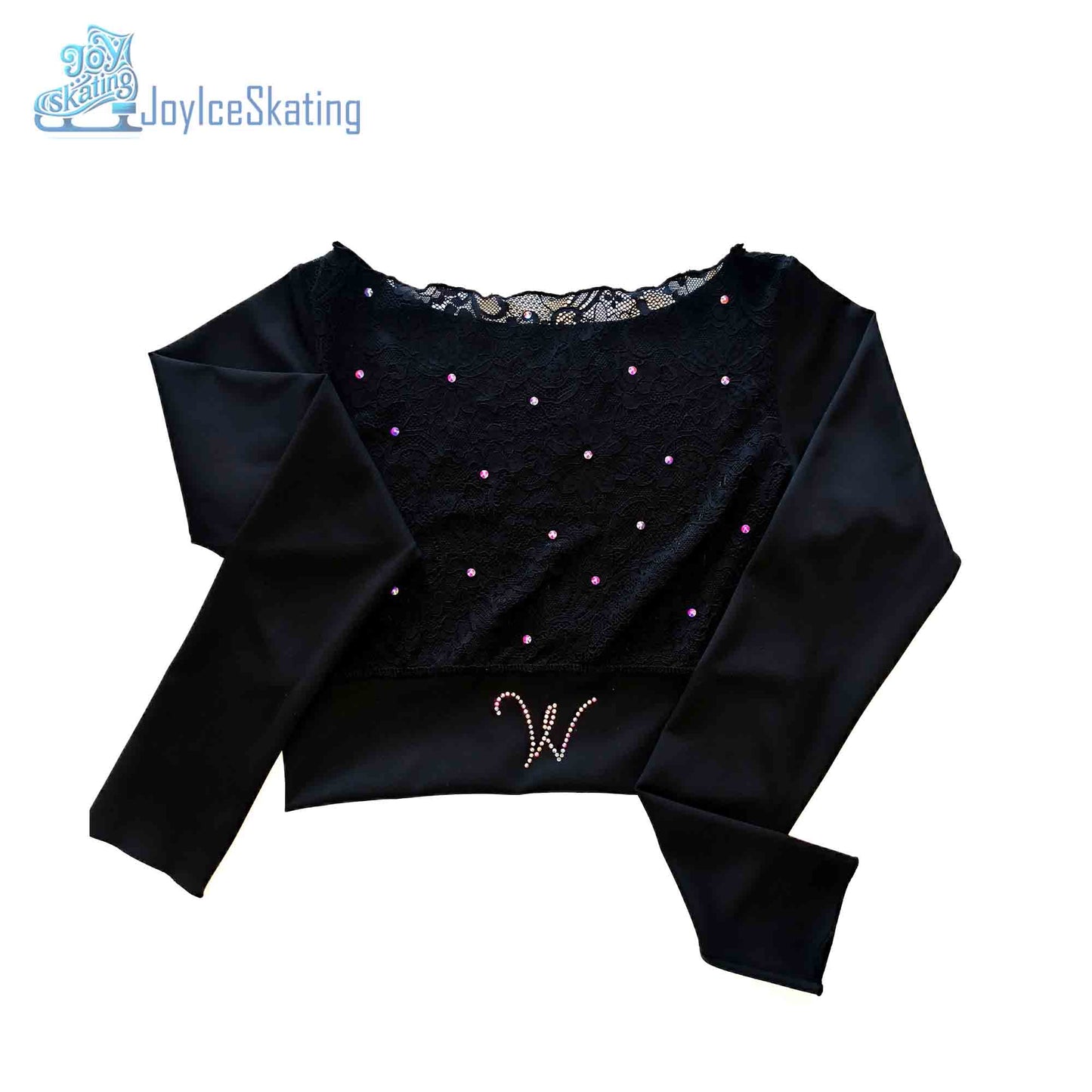 Custom Figure Skating Crop Top – Long Sleeve Lace Back with AB Rhinestones & Personalized Initials