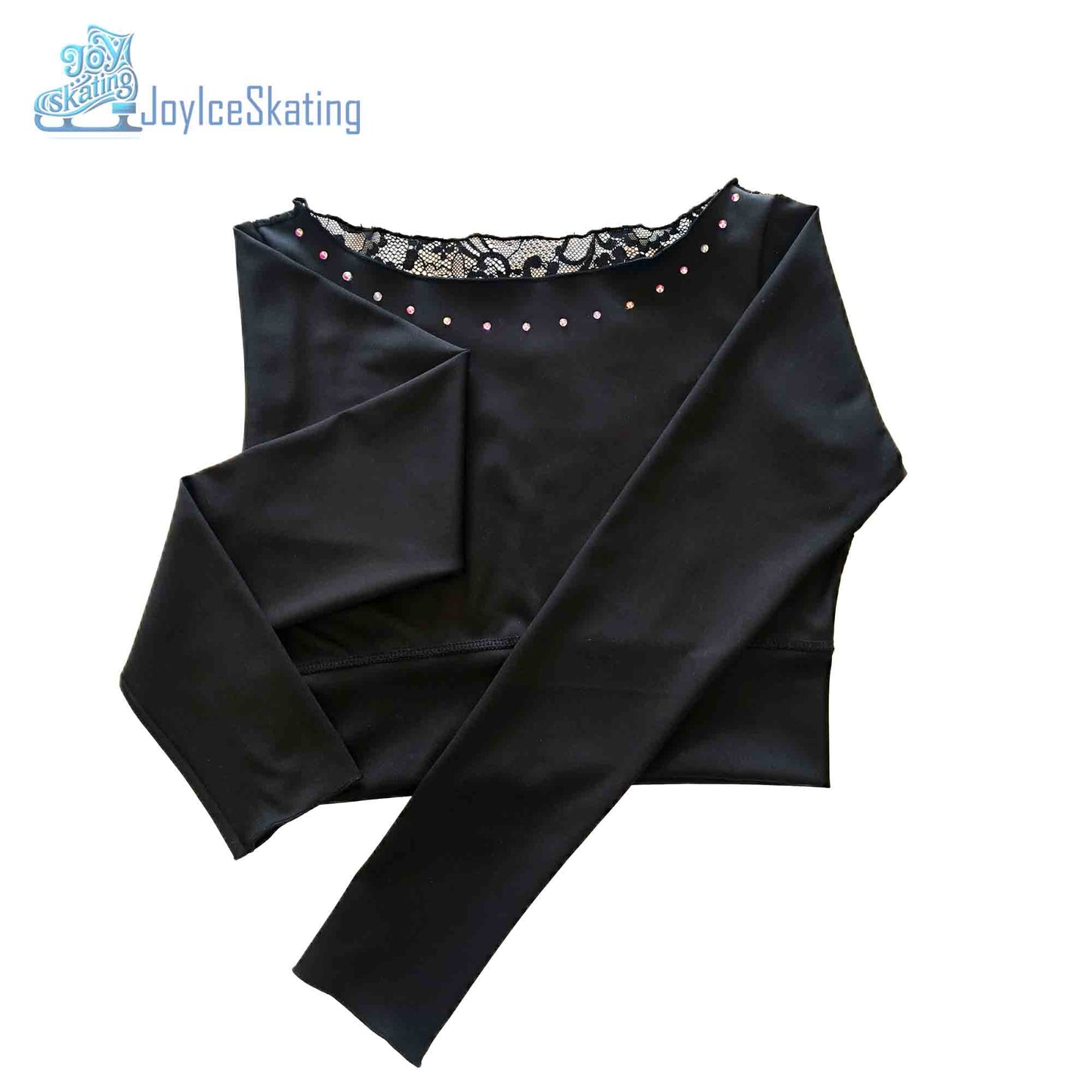 Custom Figure Skating Crop Top – Long Sleeve Lace Back with AB Rhinestones & Personalized Initials