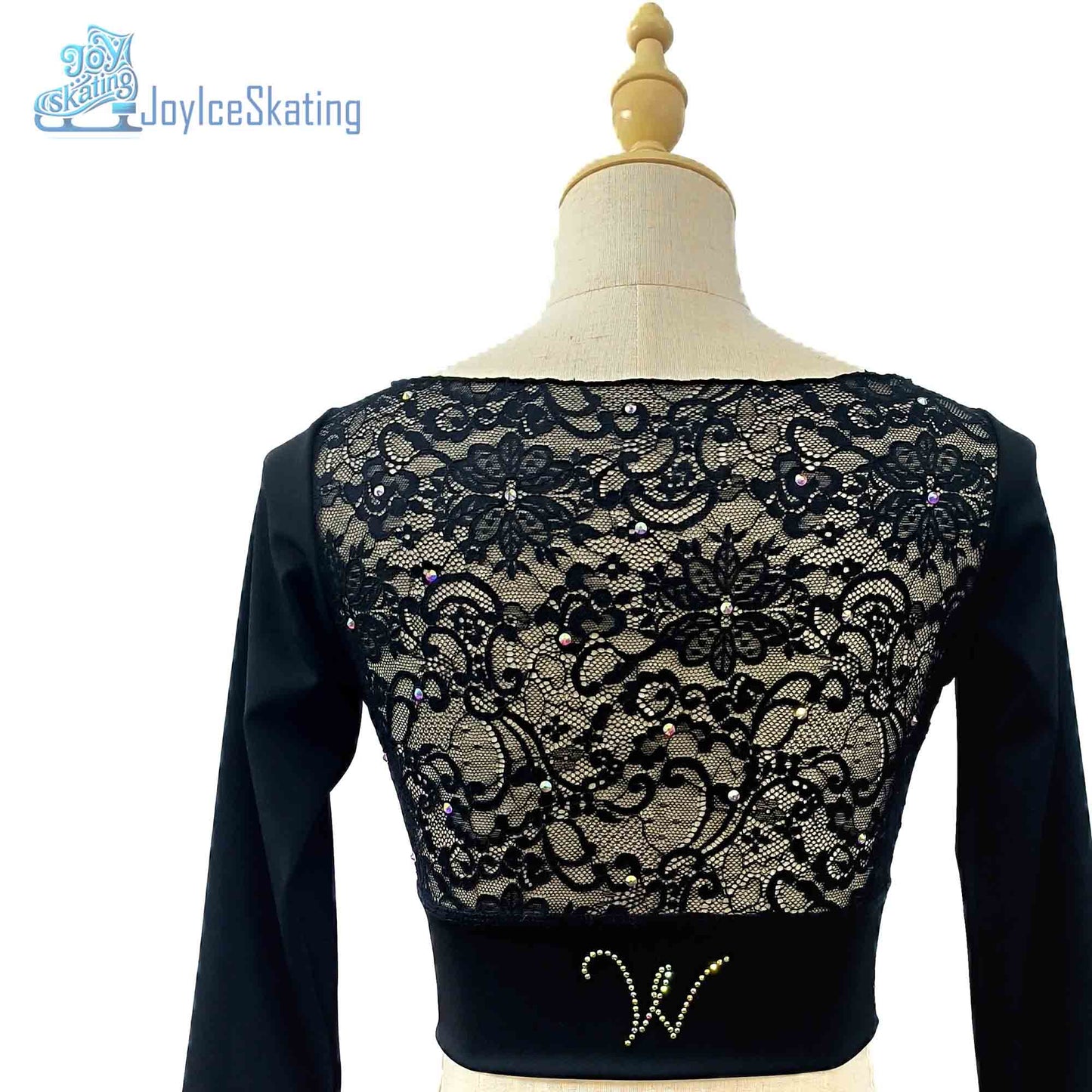 Custom Figure Skating Crop Top – Long Sleeve Lace Back with AB Rhinestones & Personalized Initials