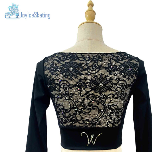 Custom Figure Skating Crop Top – Long Sleeve Lace Back with AB Rhinestones & Personalized Initials