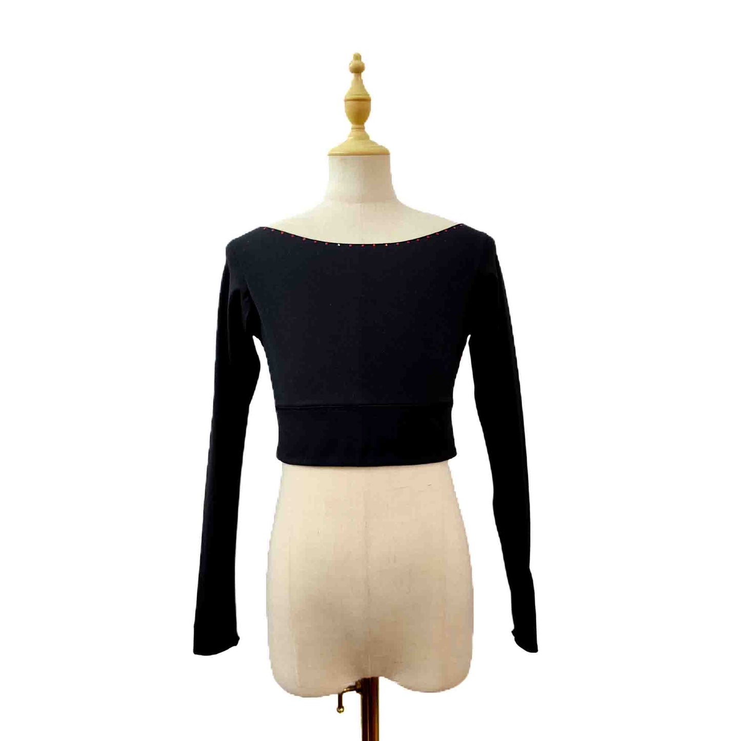 Custom Figure Skating Crop Top – Long Sleeve Red Lace Back with Red Rhinestones & Personalized Initials