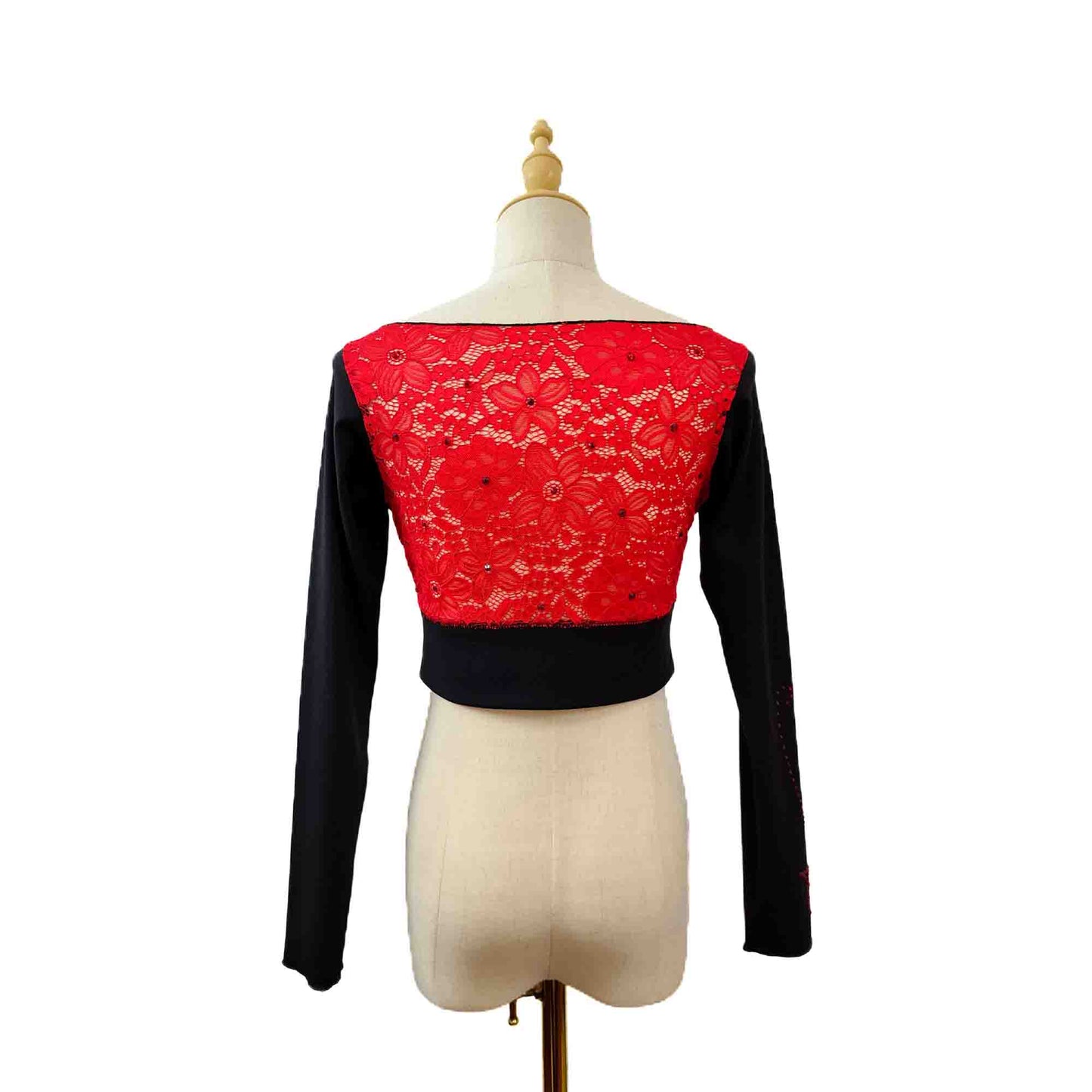 Custom Figure Skating Crop Top – Long Sleeve Red Lace Back with Red Rhinestones & Personalized Initials