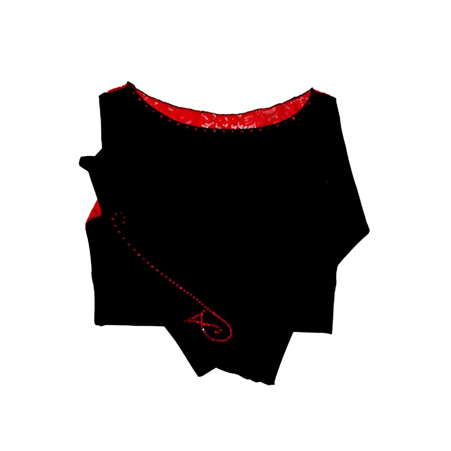 Custom Figure Skating Crop Top – Long Sleeve Red Lace Back with Red Rhinestones & Personalized Initials