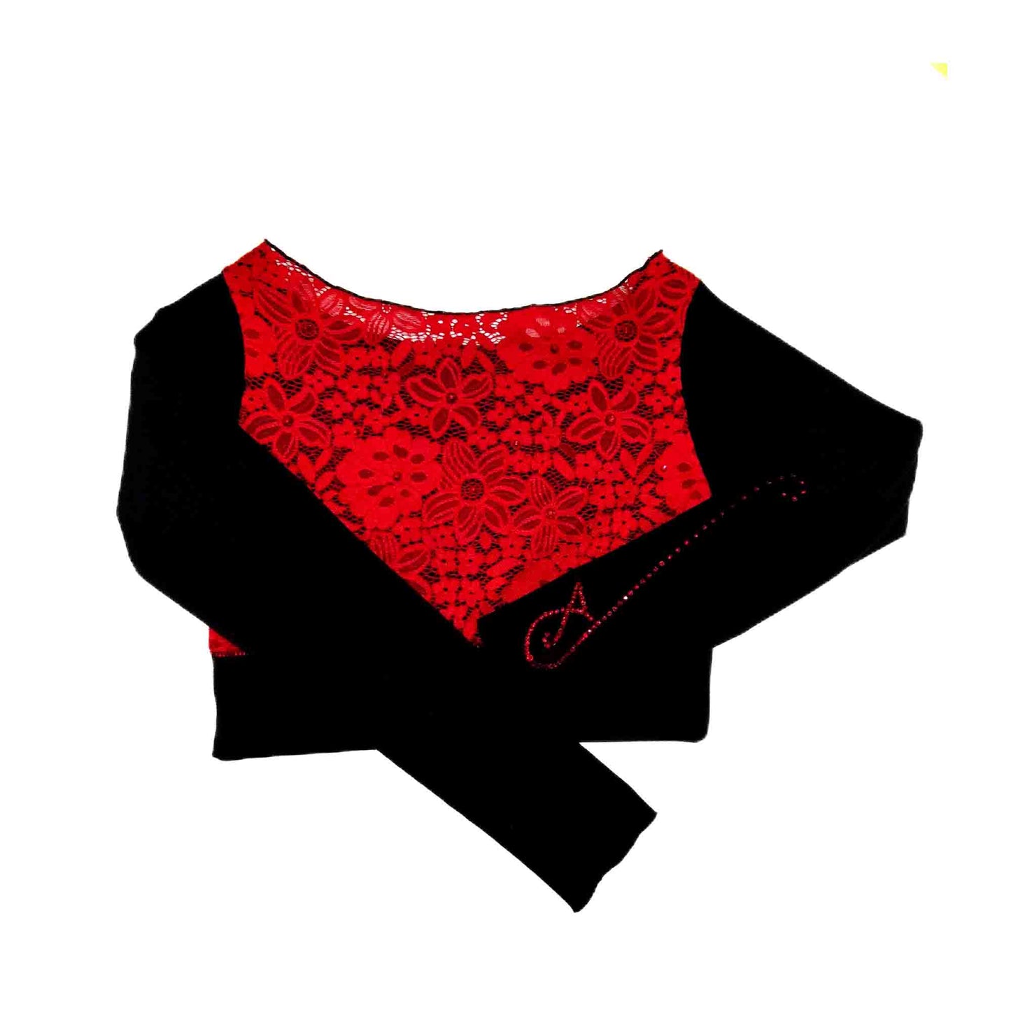 Custom Figure Skating Crop Top – Long Sleeve Red Lace Back with Red Rhinestones & Personalized Initials