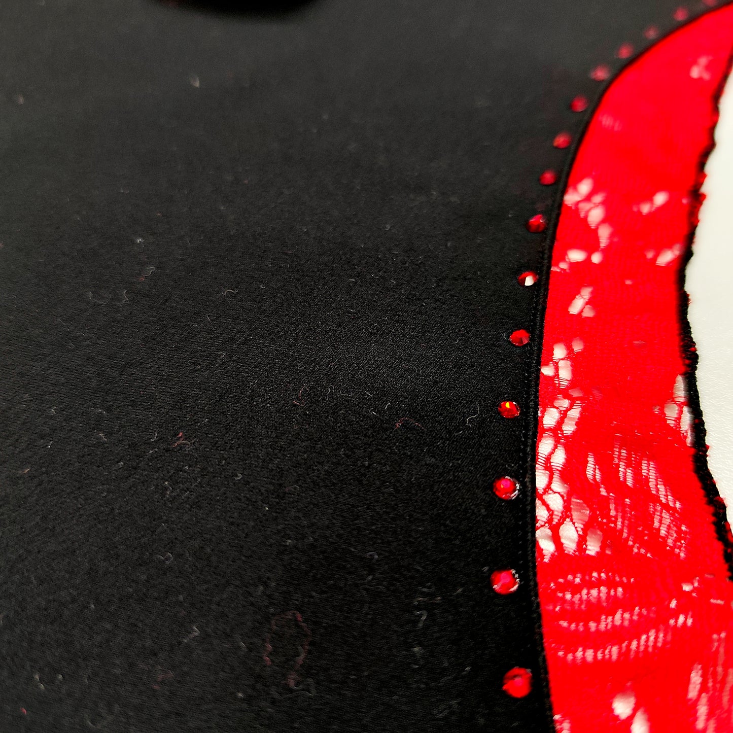 Custom Figure Skating Crop Top – Long Sleeve Red Lace Back with Red Rhinestones & Personalized Initials