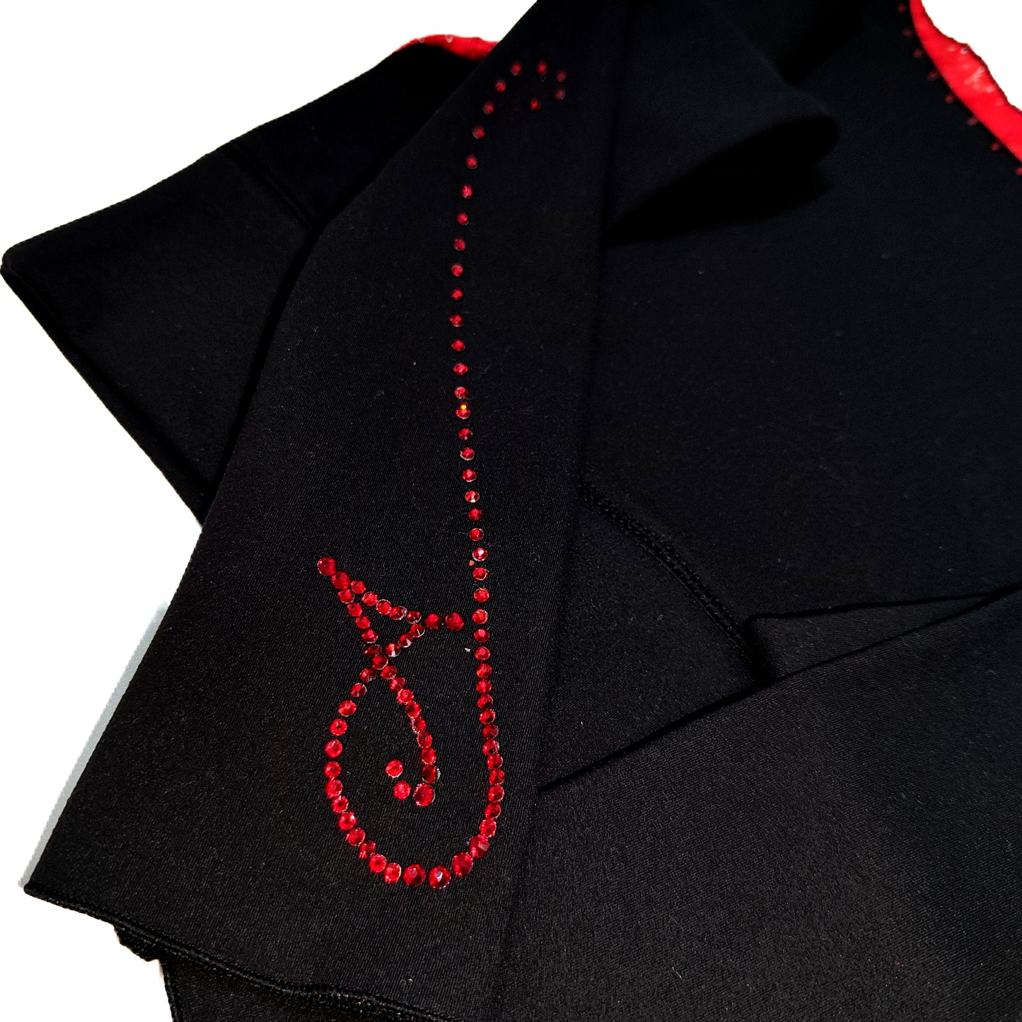 Custom Figure Skating Crop Top – Long Sleeve Red Lace Back with Red Rhinestones & Personalized Initials