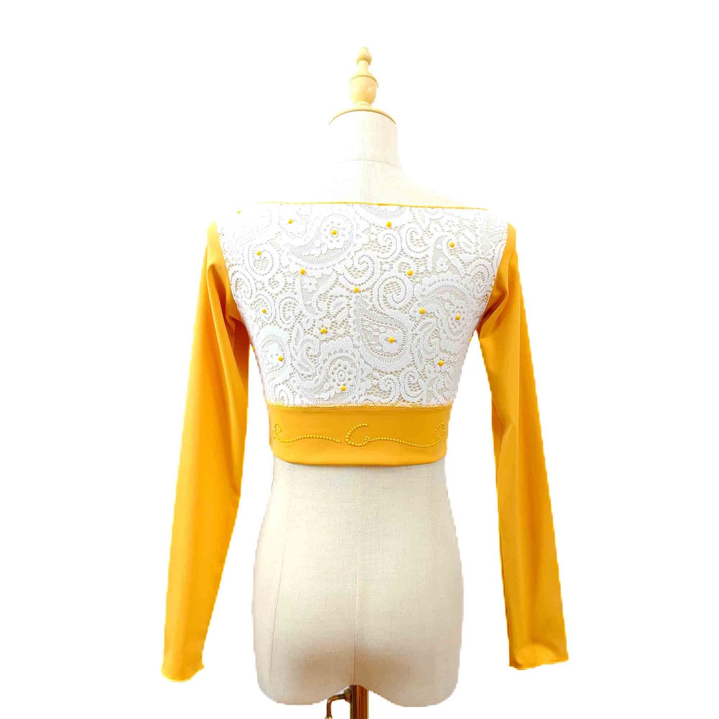 Custom Figure Skating Crop Top – Long Sleeve White Lace Back with Rhinestones & Personalized Initials