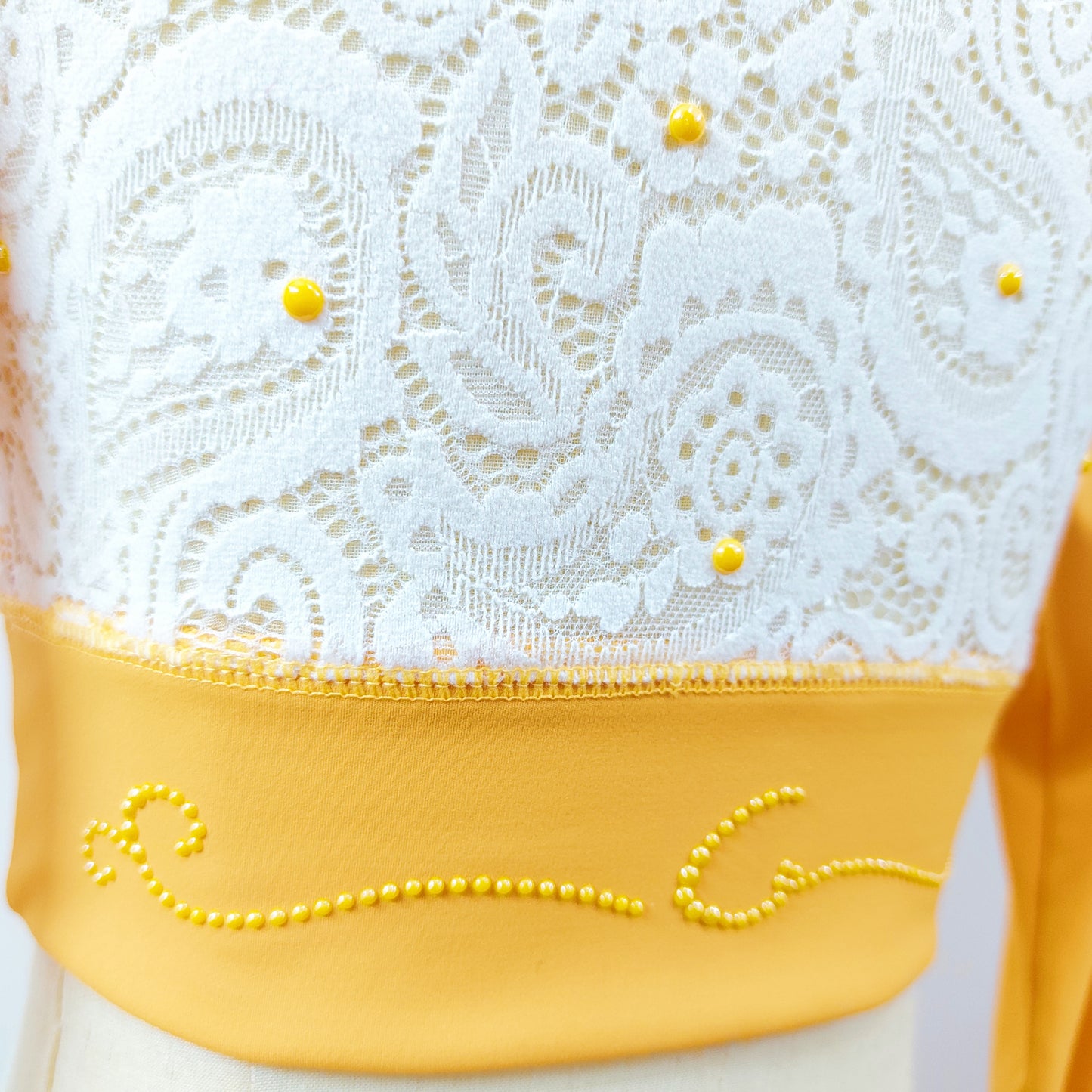 Custom Figure Skating Crop Top – Long Sleeve White Lace Back with Rhinestones & Personalized Initials