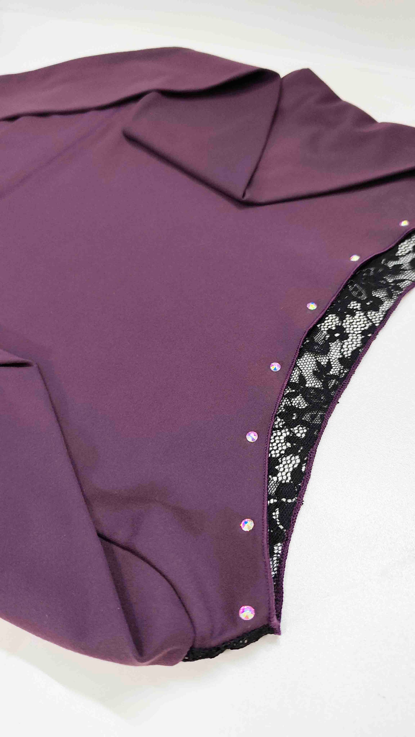 Custom Figure Skating Crop Tops – Plum Long Sleeve Black Lace Back with Rhinestones & Personalized Initials