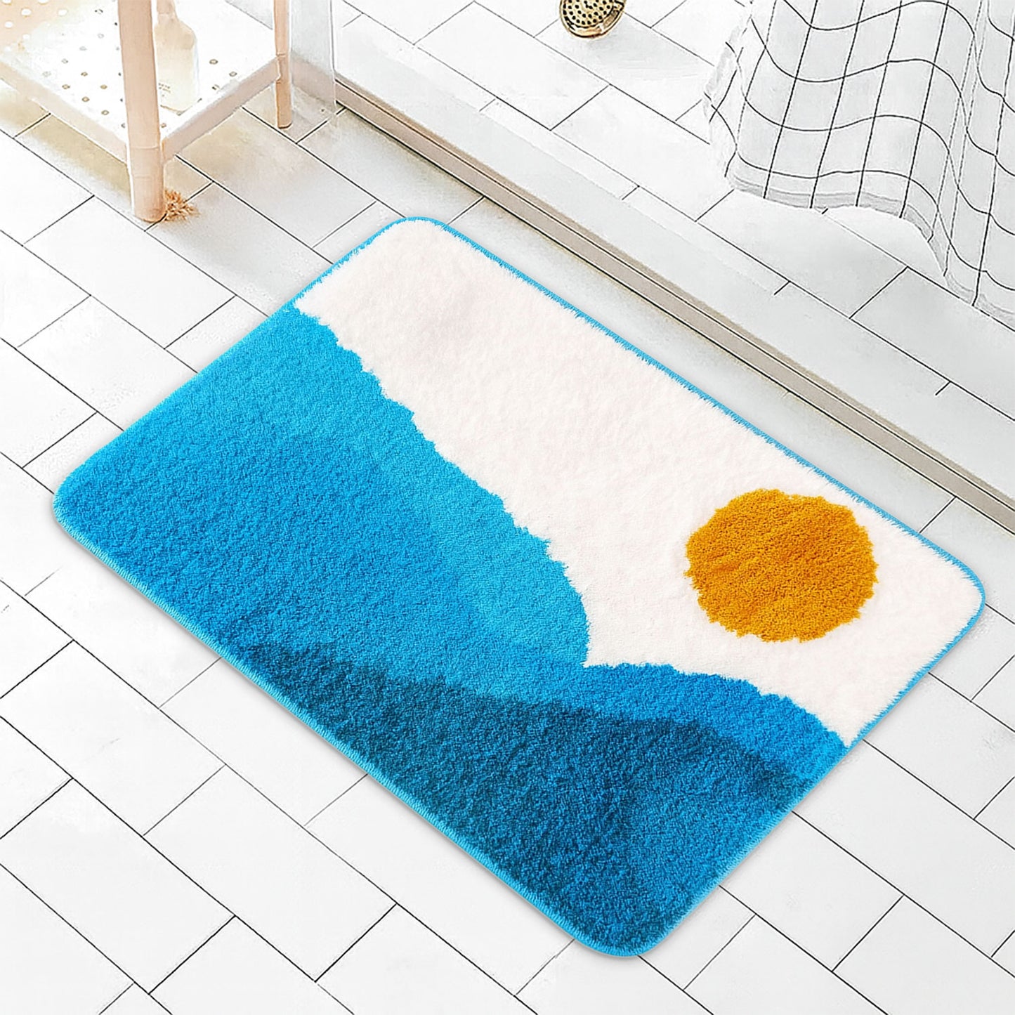 JoySwallow Blue Mountain and Sun Tufted Bathmat, Scenery Bathroom Rug, Landscape Area Rug, Nature Bedroom Rugs