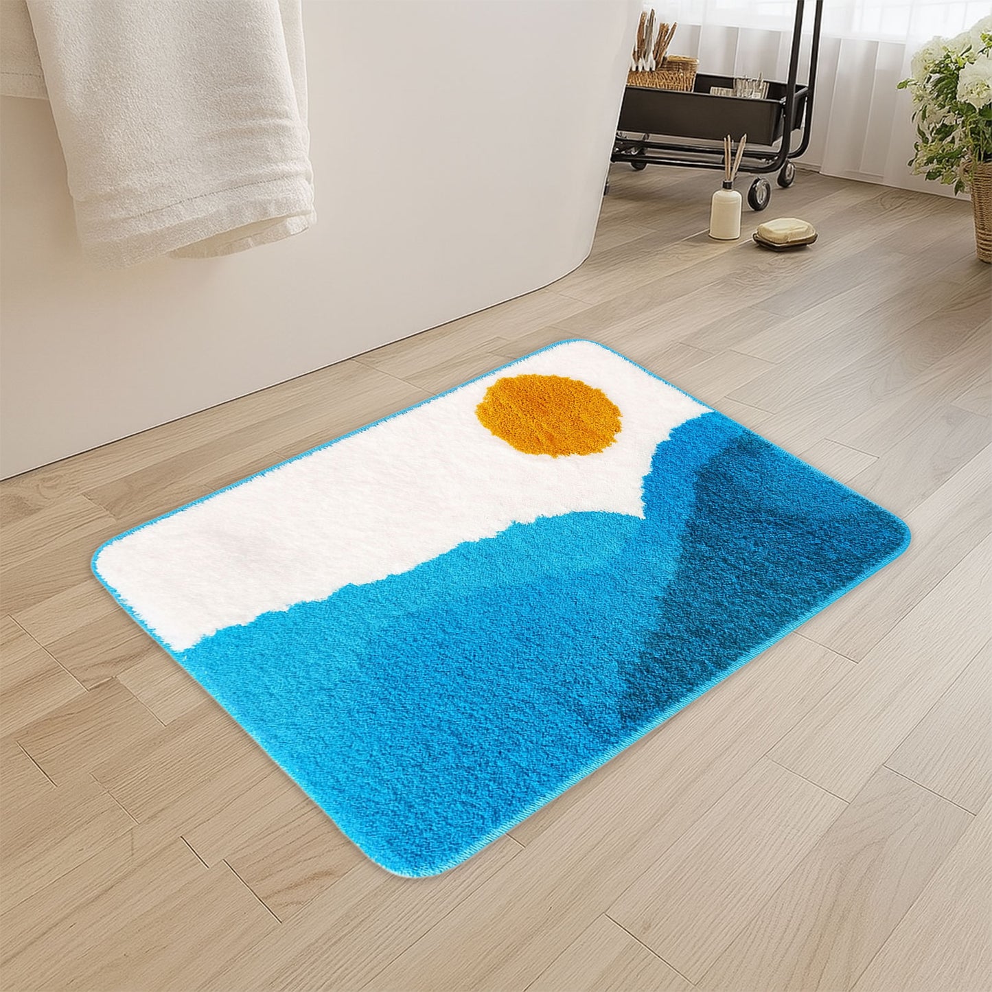 JoySwallow Blue Mountain and Sun Tufted Bathmat, Scenery Bathroom Rug, Landscape Area Rug, Nature Bedroom Rugs
