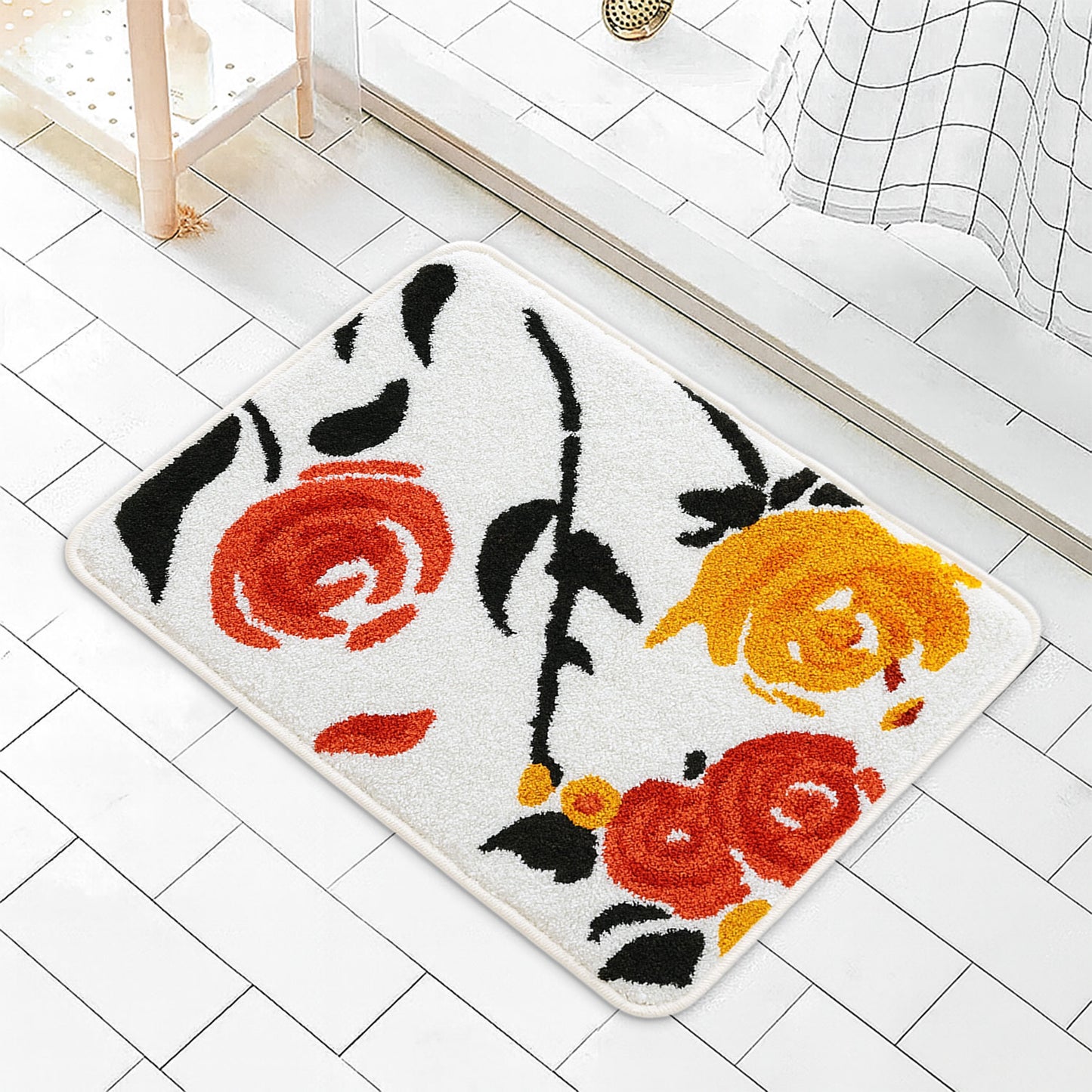 JoySwallow Orange Rose Tufted Bathmat, Floral Bathroom Rug, Flower Area Rug, Floral Bedroom Rugs