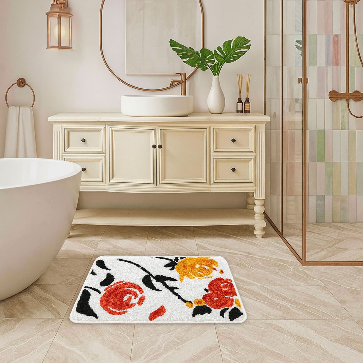 JoySwallow Orange Rose Tufted Bathmat, Floral Bathroom Rug, Flower Area Rug, Floral Bedroom Rugs