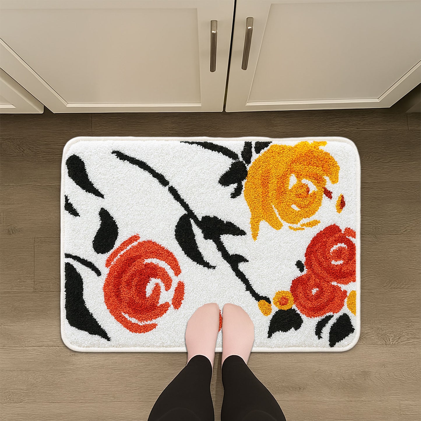 JoySwallow Orange Rose Tufted Bathmat, Floral Bathroom Rug, Flower Area Rug, Floral Bedroom Rugs