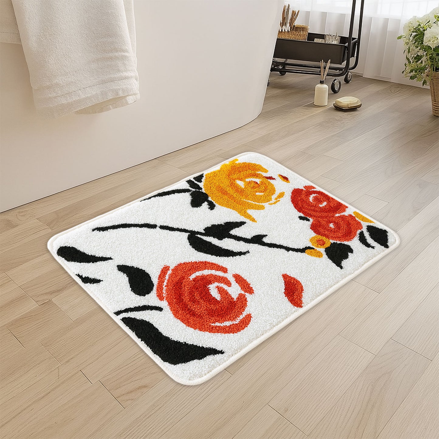 JoySwallow Orange Rose Tufted Bathmat, Floral Bathroom Rug, Flower Area Rug, Floral Bedroom Rugs