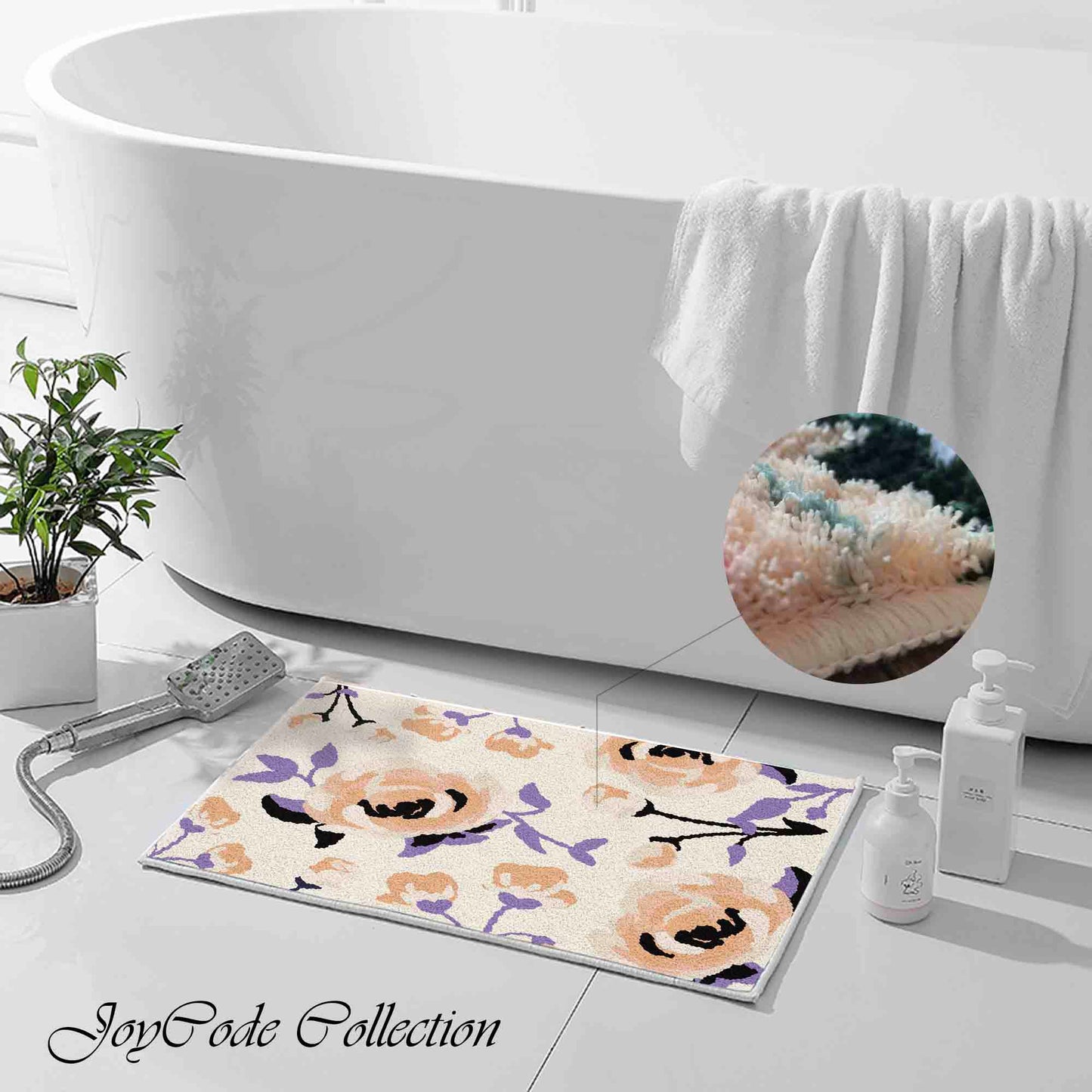 JoySwallow Pink Roses Purple Leaves Tufted Bathmat, Floral Bathroom Rug, Flower Area Rug, Floral Bedroom Rugs