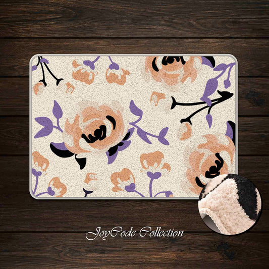 JoySwallow Pink Roses Purple Leaves Tufted Bathmat, Floral Bathroom Rug, Flower Area Rug, Floral Bedroom Rugs