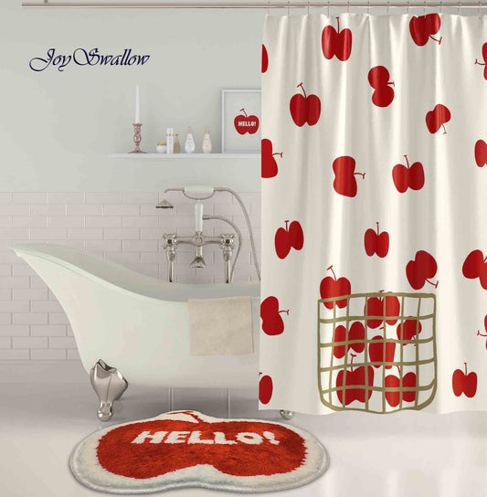 JoySwallow Personalized Shower Curtain, Hello Red Apples Curtains, Fruit Shower Curtain, Waterproof Curtain, Machine Washable Shower Curtains, Heavy Weighted Bath Curtains with hooks