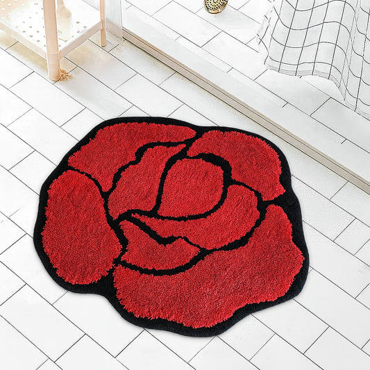 JoySwallow Irregular Valentine Red Rose Tufted Bathmat, Floral Bathroom Rug, Flower Area Rug, Floral Bedroom Rugs，Valentines Gift