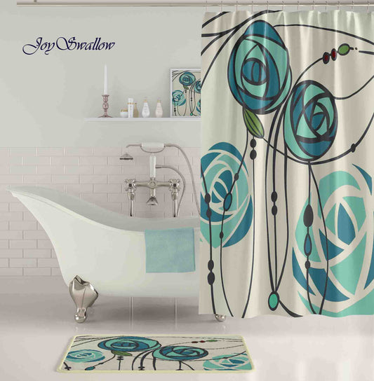 JoySwallow Personalized Shower Curtain, Romantic Blue Rose Shower Curtain, Waterproof Curtains, Machine Washable Shower Curtains, Flower Curtain, Floral Heavy Weighted Bath Curtains with hooks