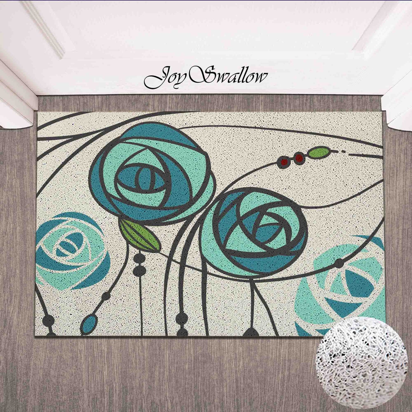 JoySwallow Personalized Doormat, Romantic Blue Rose Door Mat, PVC Coil Entrance Door Mat, Floral Anti-Skid Outdoor Mat, Line Art Entryway Rug for Porch Courtyard