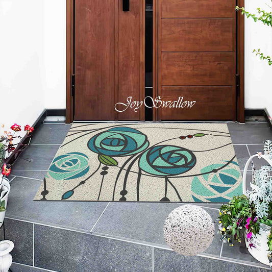 JoySwallow Personalized Doormat, Romantic Blue Rose Door Mat, PVC Coil Entrance Door Mat, Floral Anti-Skid Outdoor Mat, Line Art Entryway Rug for Porch Courtyard