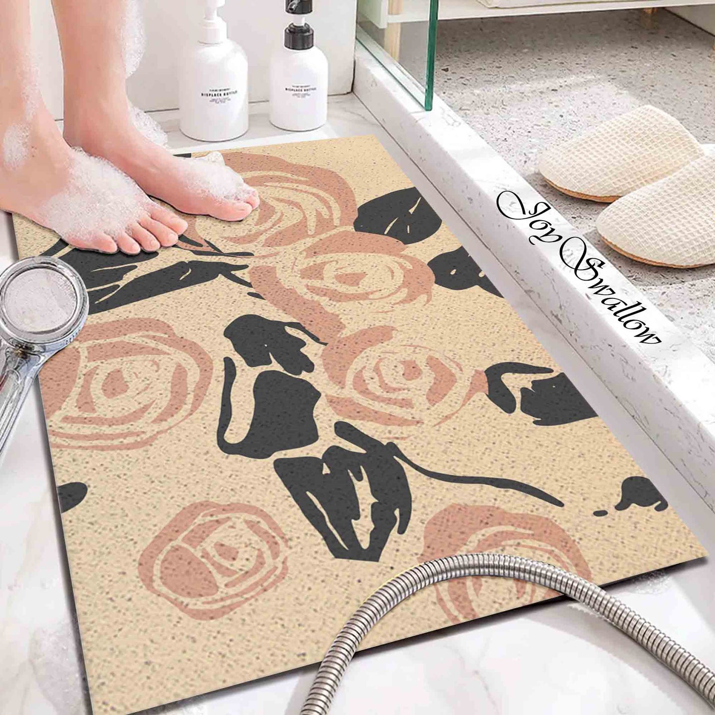 JoySwallow Personalized Bathtub Mat, Pink Roses Bath Tub Mat, Flower PVC Coil Permeable Bath Mat, Floral Drainable Bath Rug, Anti Skid Bathmat