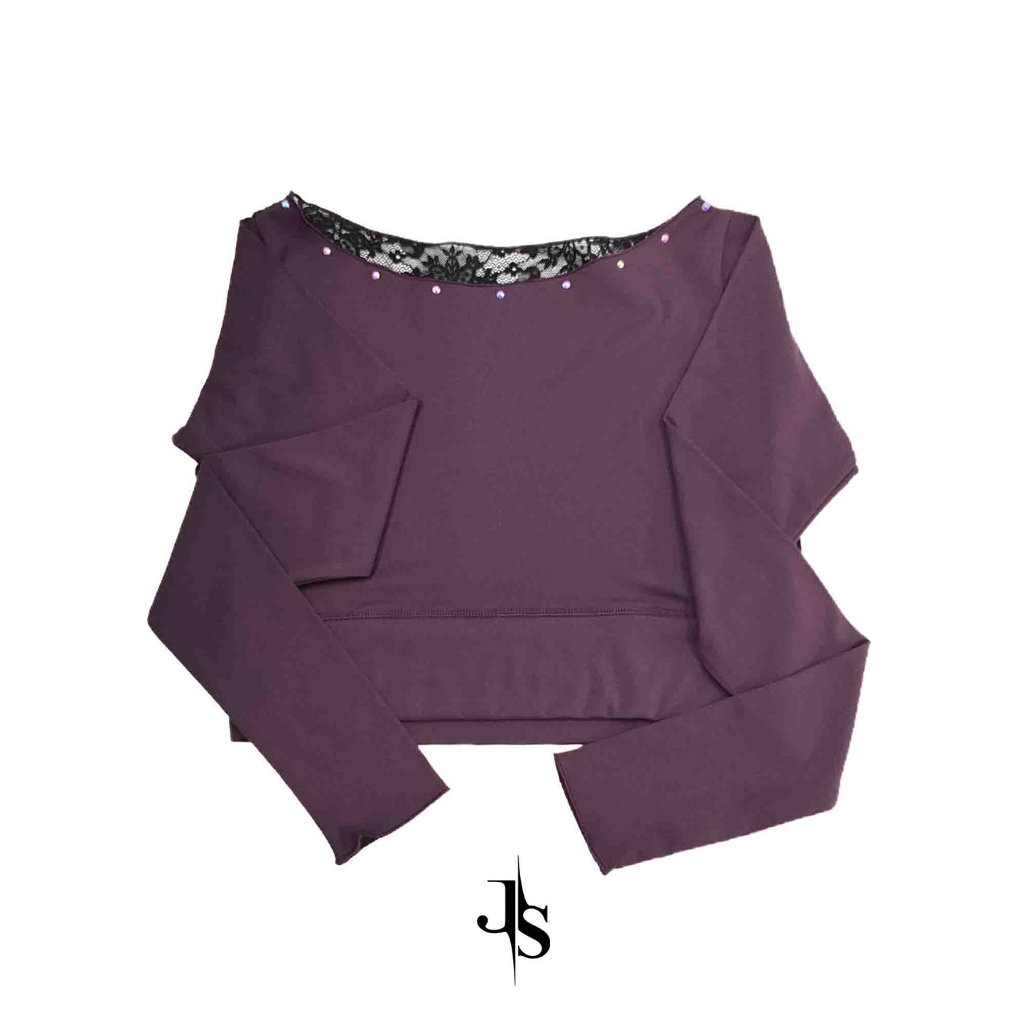 Custom Figure Skating Crop Tops – Plum Long Sleeve Black Lace Back with Rhinestones & Personalized Initials