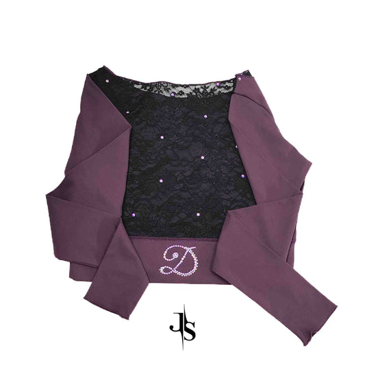 Custom Figure Skating Crop Tops – Plum Long Sleeve Black Lace Back with Rhinestones & Personalized Initials