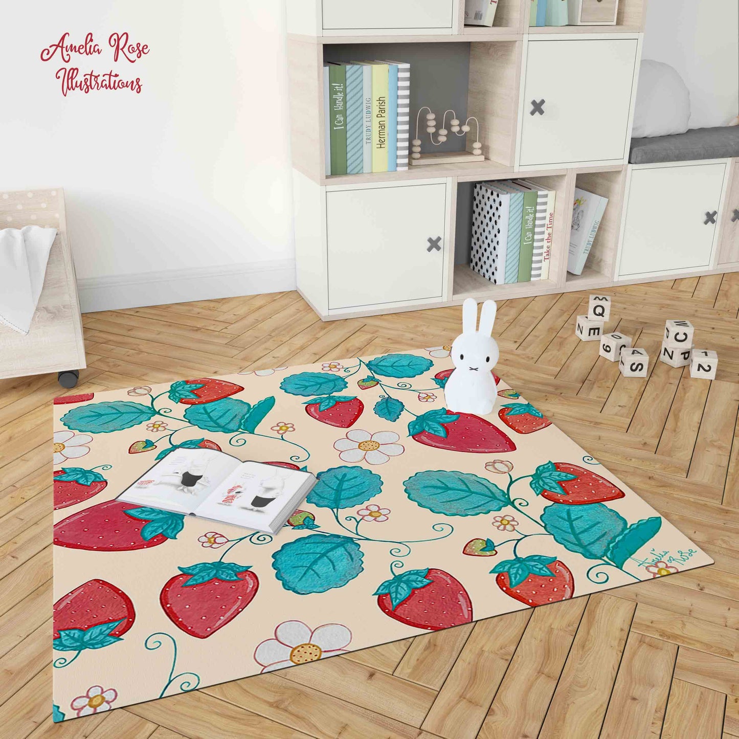 Strawberries and Cream Fine Woven Nano Flannel Print Living Room Rug by AmeliaRose Illustrations from UK