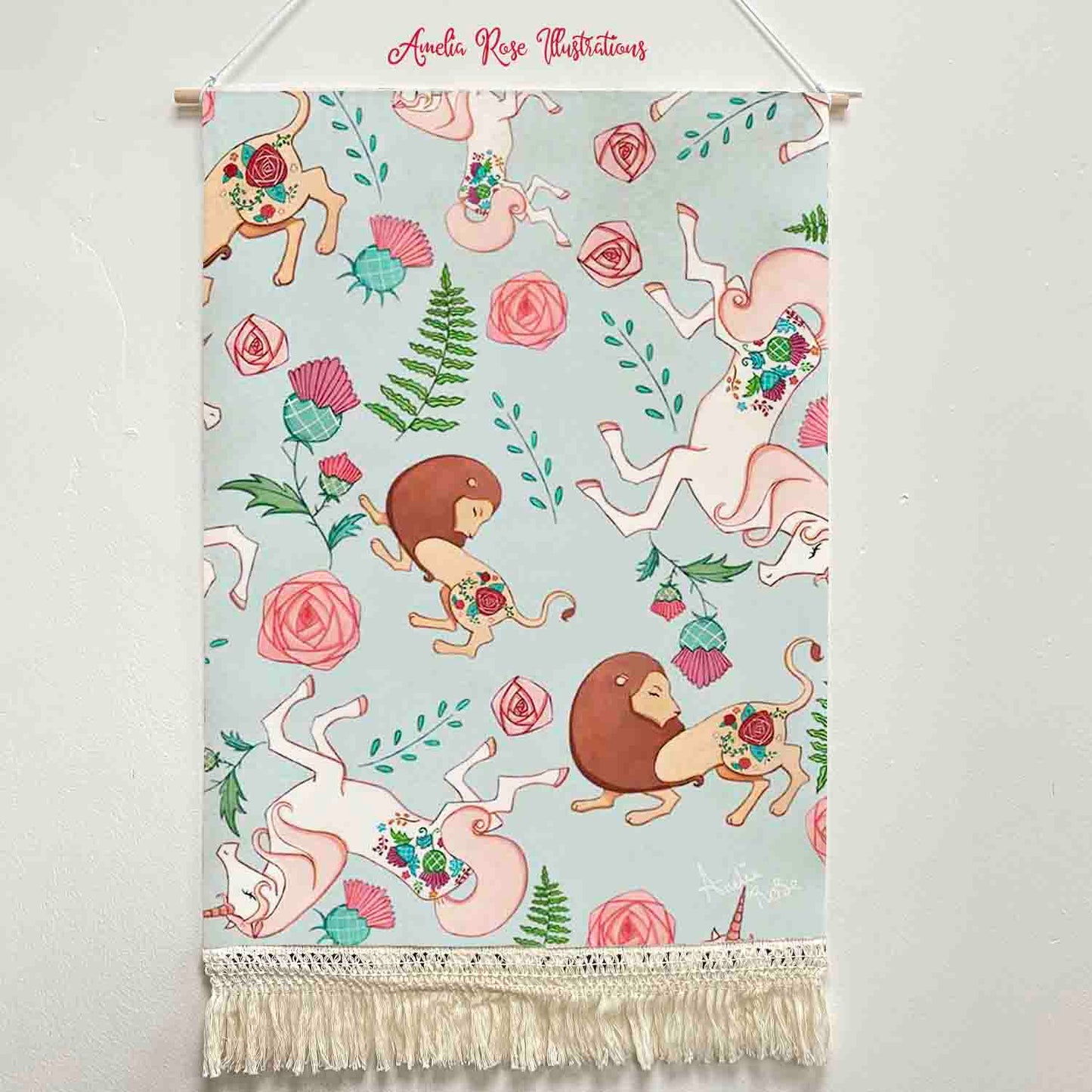 The Lion and the Unicorn Handmade Macrame Hanging Wall Decor Art, Woven Tapestries, Wall Decoration by AmeliaRose Illustrations from UK