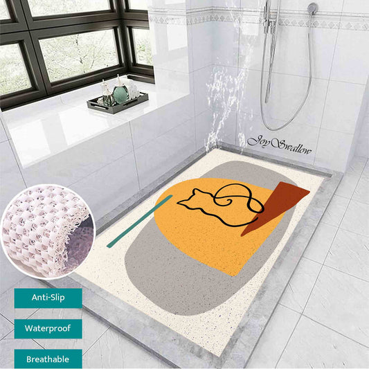 JoySwallow Personalized Bathtub Mat, The Cat Waiting at the Door Tub Mat, PVC Coil Permeable Bath Mat, Floral Drainable Bath Rug, Anti Skid Bathmat