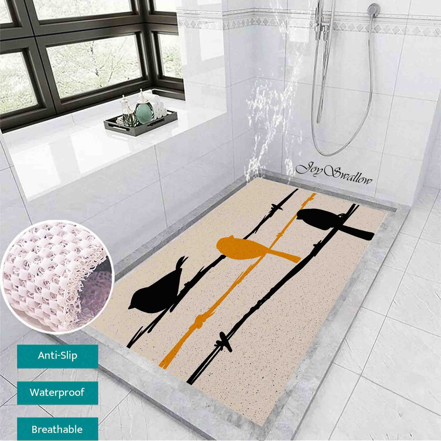 JoySwallow Personalized Bathtub Mat, Modern Abstract Bird Sun Mountain Bathtub Mat, Art PVC Coil Shower Mat, Anti Skid PVC Coil Bathmat, Permeable Bathmat, Drainable Rug, Artistic Bathroom Décor