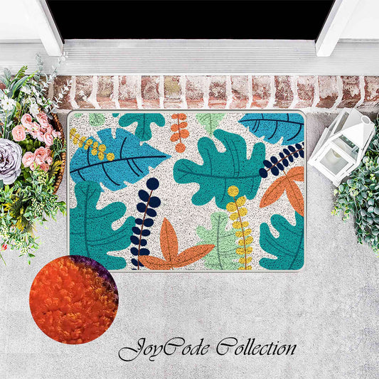 JoySwallow Tropical Rainforest Colorful Leaves Flannel Entrance Door Mat, Green and Orange Floral Anti-Skid High-End Outdoor Rugs