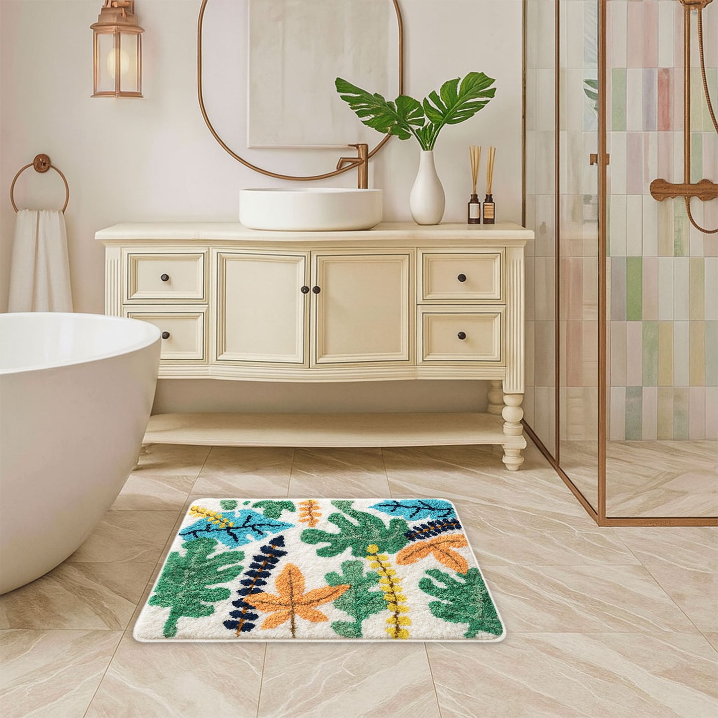 JoySwallow Personalized Bathtub Mat, Tropical Rainforest Colorful Leaves Tub Mat, PVC Coil Permeable Bath Mat, Floral Drainable Bath Rug, Anti Skid Bathmat