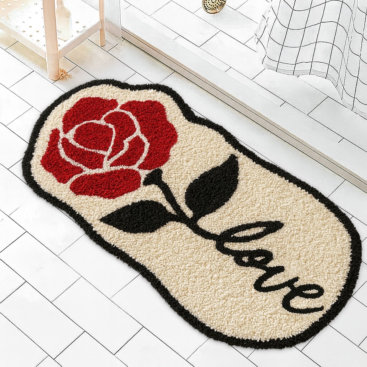 JoySwallow Irregular Valentine Red Rose Tufted Bathmat, Floral Bathroom Rug, Flower Area Rug, Floral Bedroom Rugs，Valentines Gift