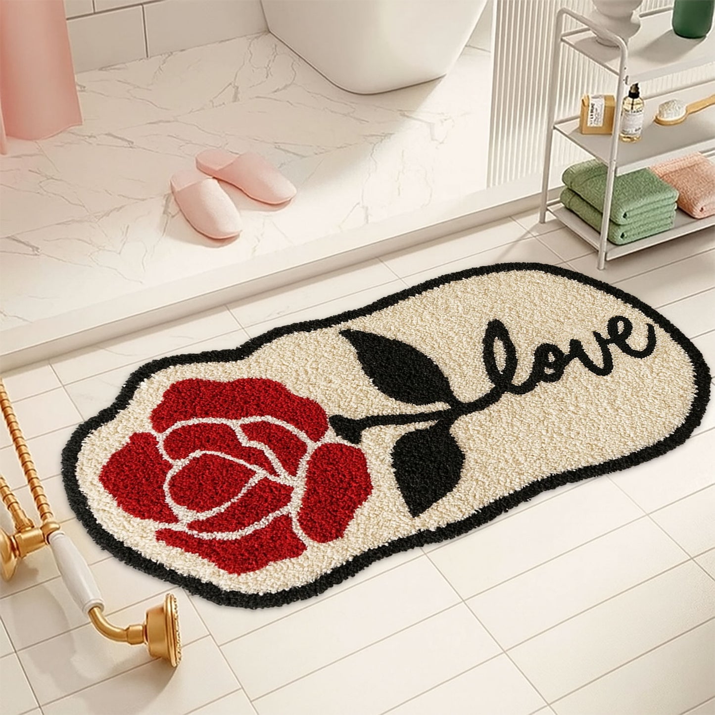 JoySwallow Irregular Valentine Red Rose Tufted Bathmat, Floral Bathroom Rug, Flower Area Rug, Floral Bedroom Rugs，Valentines Gift