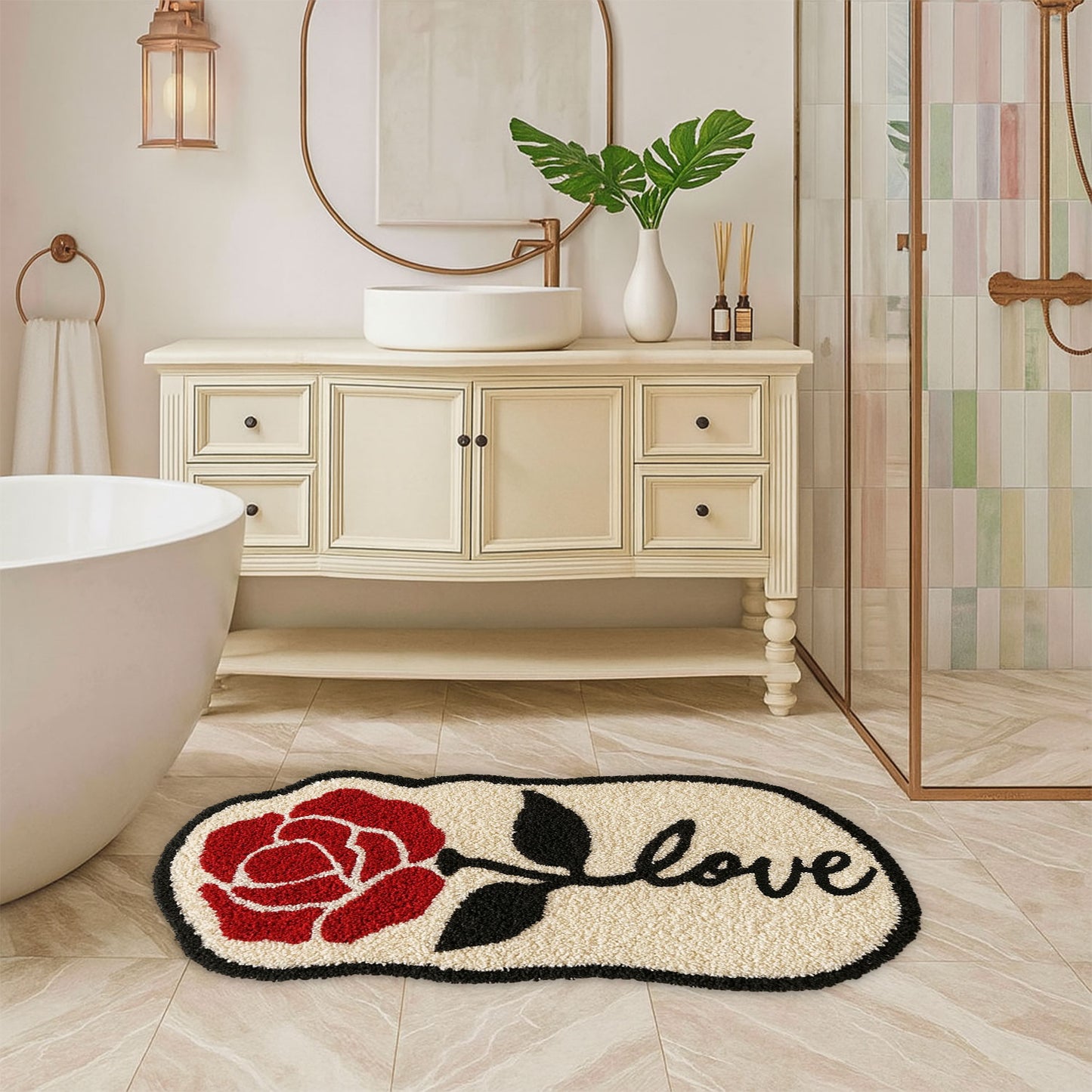 JoySwallow Irregular Valentine Red Rose Tufted Bathmat, Floral Bathroom Rug, Flower Area Rug, Floral Bedroom Rugs，Valentines Gift
