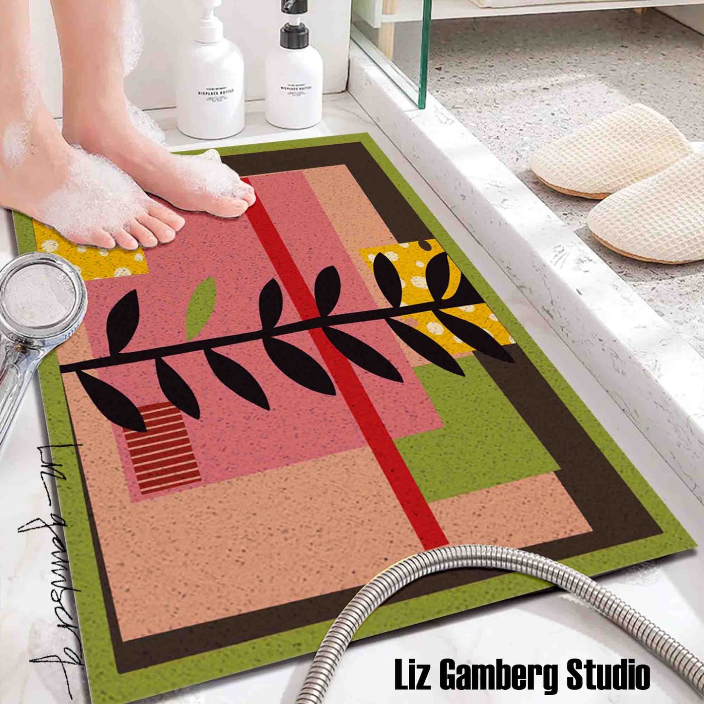 Vine On Pink PVC Coil Bath Tub Mat by Liz Gamberg Studio from US