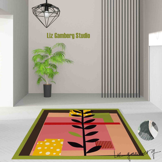 Vine On Pink Handmade Yarn Dye Living Room Rug by Liz Gamberg Studio from US