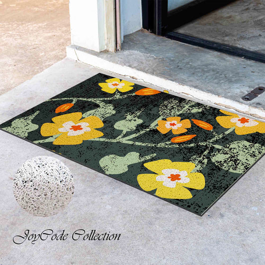 JoySwallow Yellow Buttercups Flowers Garden Doormat, PVC Coil Entrance Door Mat, Floral Anti-Skid Outdoor Mat, Leaves Entryway Rug for Porch Courtyard