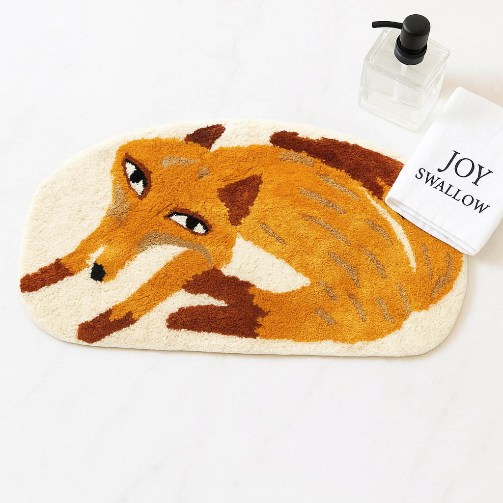 JoySwallow Orange Fox Tufted Bathmat: Yarn Dye Animal Rug, Non-Slip